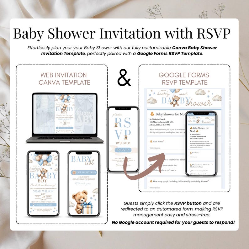 Baby Shower Invitation Template Boy Blue Teddy Bear theme with RSVP, digital mini website invitation and Google Form link. Editable Canva design + online RSVP, countdown, Google Maps, and event details. Blue balloons, soft neutral style, modern mobile baby shower invite for baby boy — “We Can Bearly Wait”. Perfect for text message email invitations and instant digital download.