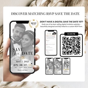 Matching Save the Date digital invitation with RSVP link, Canva editable invitation website shown on smartphone.