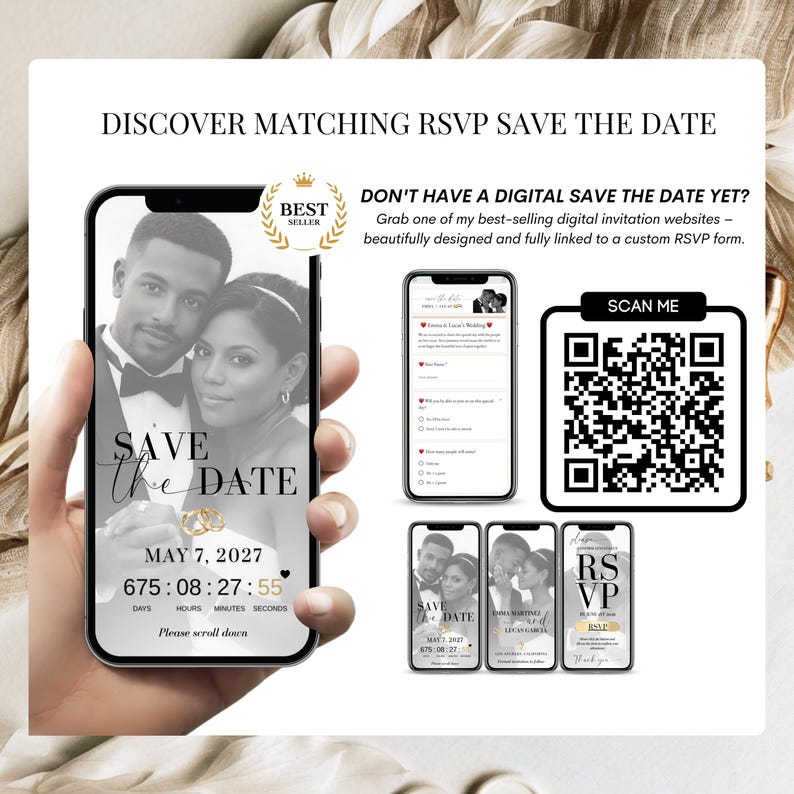 Matching Save the Date digital invitation with RSVP link, Canva editable invitation website shown on smartphone.