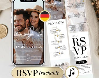 German Wedding Invitation Template – RSVP Tracking – Editable Canva Digital Hochzeitseinladung Deutsch