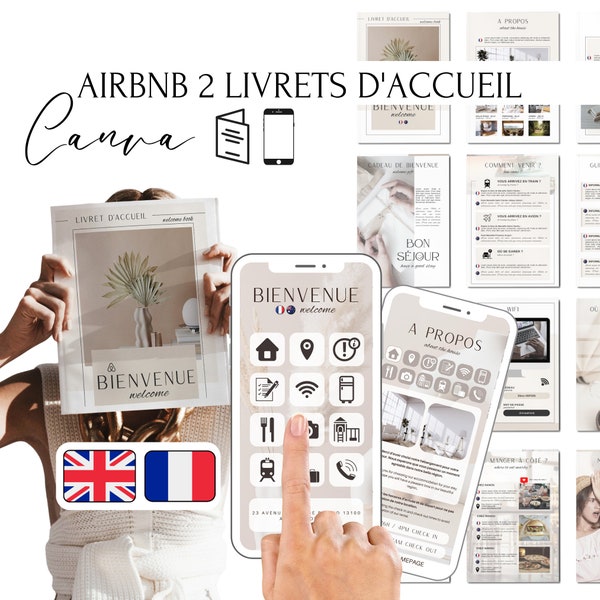 Livret d'accueil Francais Anglais, 2 livrets : à imprimer et digital, Airbnb template pour location saisonnière, chambre d'hôte, gîte,Airbnb