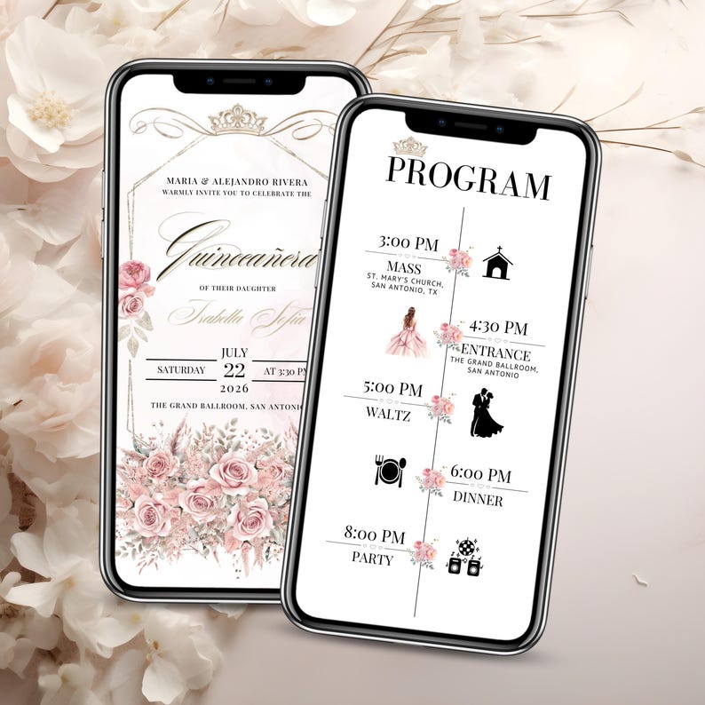 Editable Sweet 15 Event Program for Quinceañera Digital Invitation – Canva mobile view