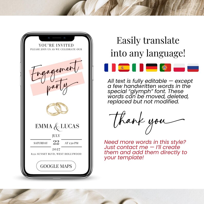 Translate engagement party digital invitation into any language using Canva, international-friendly invitation website design.