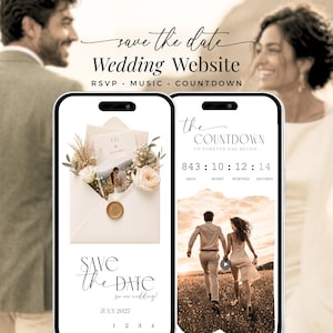 Puede incluir: Dos smartphones muestran diseños de sitios web de bodas. Uno muestra una invitación con flores y una foto, el otro un temporizador de cuenta regresiva. El texto dice "Save the Date" y "Wedding Website". El fondo presenta una pareja.