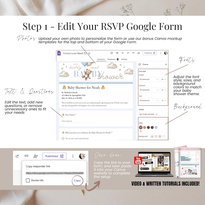 Step 1 — Edit Baby Shower RSVP Form. Tutorial showing how to customize the Google Form attached to the blue teddy bear baby shower template. Fully editable questions, instant response tracking, perfect for organizing baby boy shower.