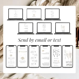 Minimalist digital wedding invitation kit shown on laptops and smartphones, including RSVP form, countdown timer, ceremony details, and save the date. Canva editable templates designed for mobile and desktop. Message says “Send by email or text.” Features modern wedding design, RSVP tracking, and Google Maps link. Perfect for paperless weddings, virtual celebrations, and online guest management.