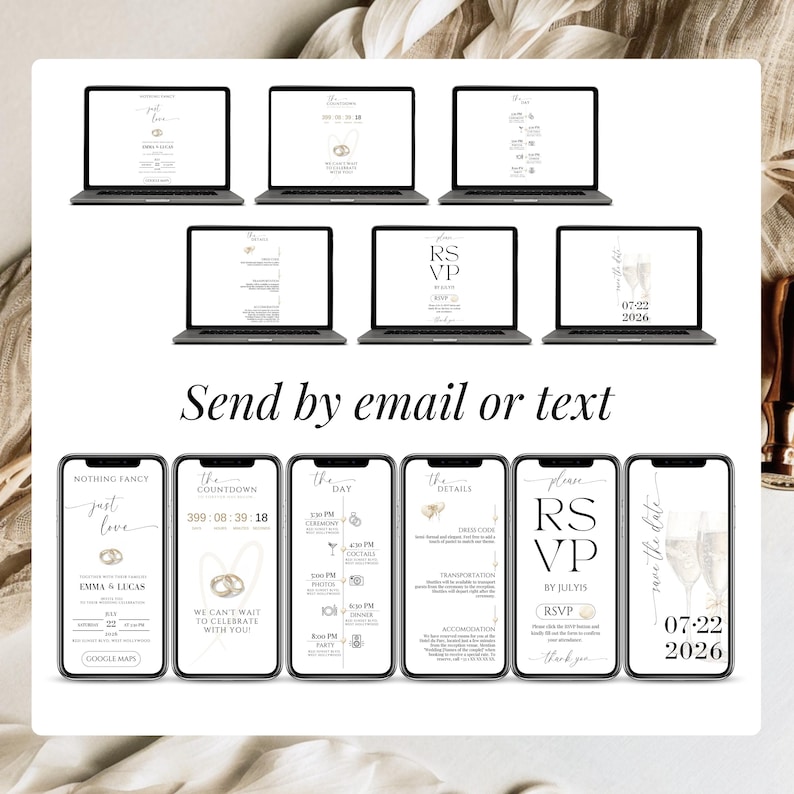 Minimalist digital wedding invitation kit shown on laptops and smartphones, including RSVP form, countdown timer, ceremony details, and save the date. Canva editable templates designed for mobile and desktop. Message says “Send by email or text.” Features modern wedding design, RSVP tracking, and Google Maps link. Perfect for paperless weddings, virtual celebrations, and online guest management.