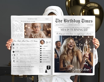 Inbjudningsmall för födelsedagstidning, anpassad Canvas-tidning för årsdag, stor redigerbar födelsedagstidningspresent, utskrivbar festdekoration