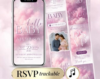Pink Cloud Baby Shower Invitation Template Digital Cute Girl Baby Shower Evite with Online RSVP & Editable Guest List Tracker Website Invite