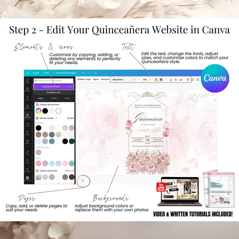 Edit your Quinceañera Website Invitation in Canva – Fully Customizable Sweet 15 Template