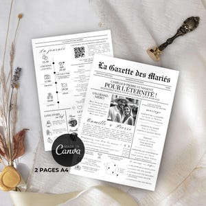 May include: Black and white wedding announcement newspaper template with a photo of the couple, a list of wedding events, and the text "Camille & Pierre Sunissent Pour L'Eternite!"