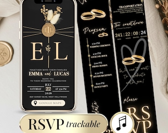 Digital Wedding Invitation with RSVP Link and Countdown, Customizable Online Black Gold Wedding Invite, EditableTemplate for Your Big Day