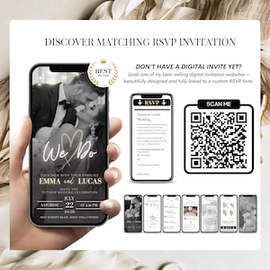May include: A smartphone shows a wedding invitation with the words "We Do" and the names "Emma and Lucas." Other phones display invitation variations. The image includes a QR code and text: "Discover Matching RSVP Invitation."