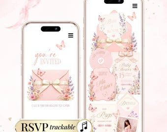 May include: Two smartphones displaying a digital baby shower invitation suite with a pink envelope, cream ribbon, and floral accents. The screens show text including 'you're INVITED', 'Baby is bloom', 'Baby Shower', 'Mia & Olivier', 'RSVP', and 'RSVP trackable'.