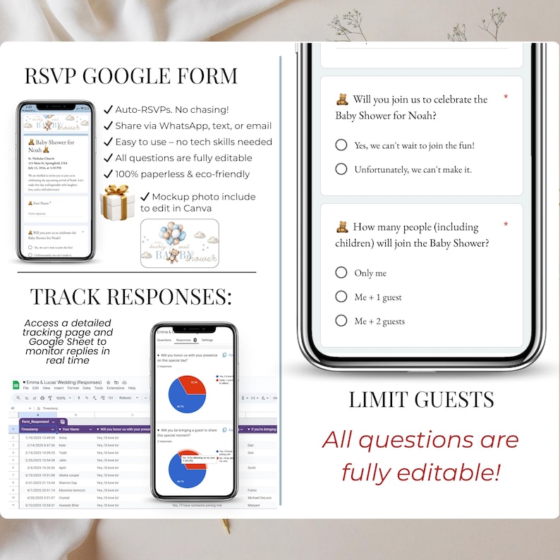 RSVP Google Form analytics for Baby Shower Invitation Boy Blue Teddy Bear Edition. Track guest responses, attendance, food preferences. Editable form questions, integrated with Canva invitation website — digital event tracking for baby boy shower celebration.