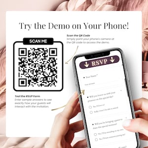 QR code demo wedding invitation preview on mobile, RSVP online, blush pink animated digital wedding invite, Google Form included, try demo on phone, modern wedding website template editable in Canva, interactive wedding experience.