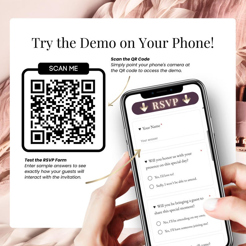 QR code demo wedding invitation preview on mobile, RSVP online, blush pink animated digital wedding invite, Google Form included, try demo on phone, modern wedding website template editable in Canva, interactive wedding experience.
