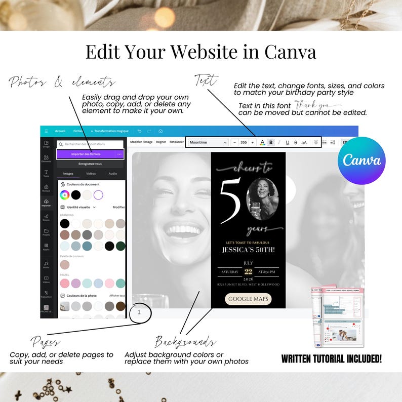 Digital birthday invitation for men and women, featuring a live countdown and an embedded RSVP form. The mobile invitation template also includes music and a modern design for a surprise party.