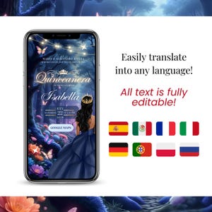 Puede incluir: Un tel&eacute;fono inteligente muestra una invitaci&oacute;n de Quincea&ntilde;era con el nombre "Isabella" y detalles del evento. El dise&ntilde;o presenta un vestido azul oscuro, una corona y un fondo de bosque. El texto en la pantalla dice "Easily translate into any language! All text is fully editable!"