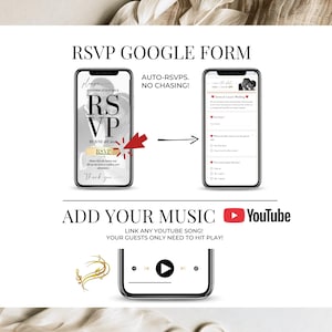 RSVP Google Form integration for digital wedding invitation, showing editable RSVP questions and option to add custom music to Save the Date invitation.