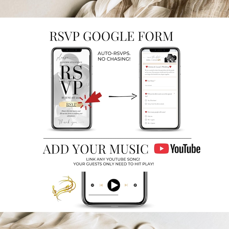 RSVP Google Form integration for digital wedding invitation, showing editable RSVP questions and option to add custom music to Save the Date invitation.