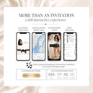 Interactive birthday website invitation featuring clickable lace envelope, Google Maps directions, live countdown timer, RSVP tracking and music. Black white and gold digital birthday invite for an elegant 30th, 40th or 50th birthday party.