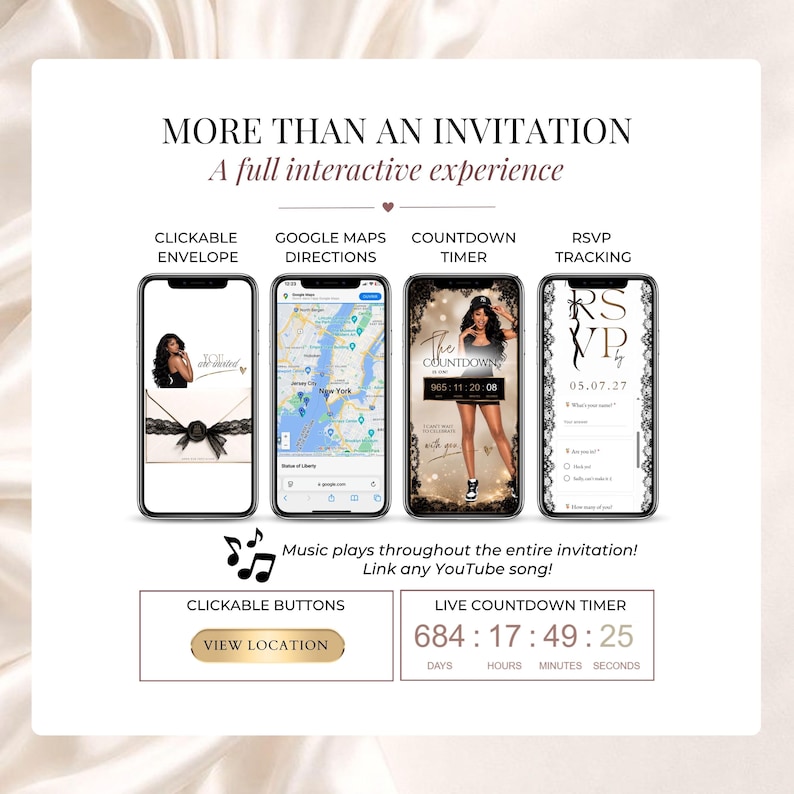 Interactive birthday website invitation featuring clickable lace envelope, Google Maps directions, live countdown timer, RSVP tracking and music. Black white and gold digital birthday invite for an elegant 30th, 40th or 50th birthday party.