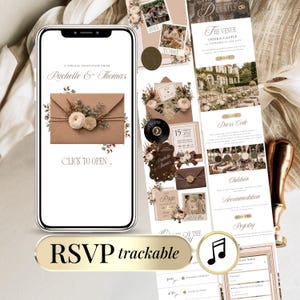 Peut inclure: Une invitation de mariage numérique affichée sur un écran de smartphone avec une enveloppe brune ornée de fleurs et le texte Rachelle & Thomas. À côté, une mise en page verticale présente les détails, des photos et un bouton RSVP trackable.