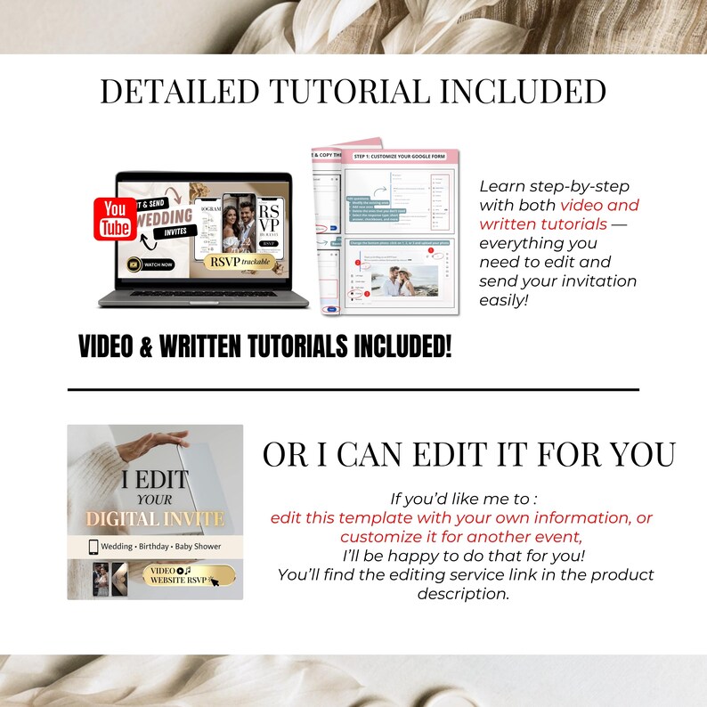 Wedding invitation tutorial included, step-by-step video and written guide, Canva editable template with RSVP Google Form setup instructions