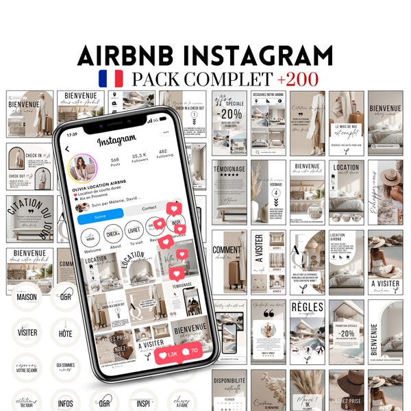 Modèles Instagram Airbnb 115 Posts, 75 Stories & 30 Couvertures – Canva FR + Bonus Carte de Remerciement Digitale Template Airbnb