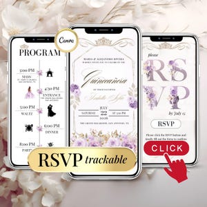 Lilac Quinceanera Invite, Editable Floral Template for 15th Birthday, Digital Mis Quince Anos Invitation Template with Clickable RSVP Online
