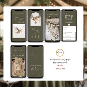 Canva wedding website template editable pages, digital wedding invitation mobile preview, green save the date RSVP website, customizable wedding invite, add remove pages Canva, monogram wedding design, modern wedding website template