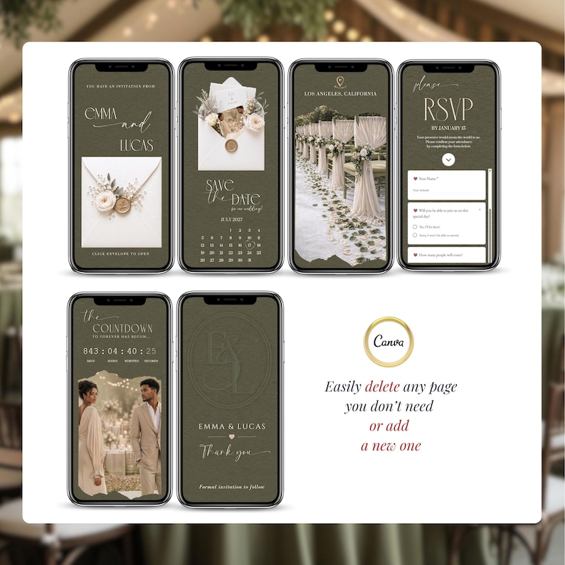 Canva wedding website template editable pages, digital wedding invitation mobile preview, green save the date RSVP website, customizable wedding invite, add remove pages Canva, monogram wedding design, modern wedding website template