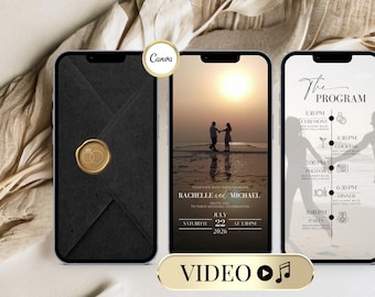 Editable Wedding Invitation Digital Elegant Wedding Invite Video Canva Template Black Gold Wedding Video Card Save the Date Mariage Animated