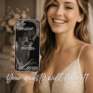 Bride holding phone with digital wedding invite you're invited page, black and white editorial photo, text reading your guests will love it.