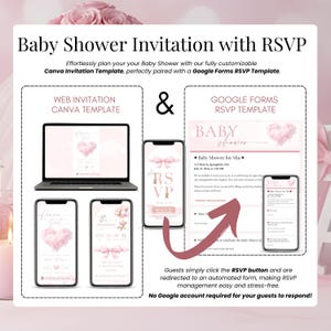 Baby shower digital invitation with RSVP online, pink heaven sent cloud theme, editable Canva baby shower invite for baby girl with teddy and soft pastel design