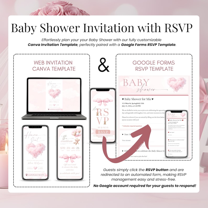 Baby shower digital invitation with RSVP online, pink heaven sent cloud theme, editable Canva baby shower invite for baby girl with teddy and soft pastel design