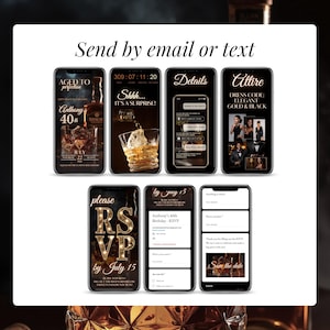 Editable 40th Birthday Digital Invitation for Men – Whiskey Theme Online Party Invite with RSVP, countdown, dress code details and instant download. Canva template designed for milestone birthdays like 40th, 50th or 60th celebrations. Share easily by email or text (SMS, WhatsApp) and impress guests with an elegant whiskey design. Aged to Perfection digital birthday invitation, customizable in minutes for surprise parties.