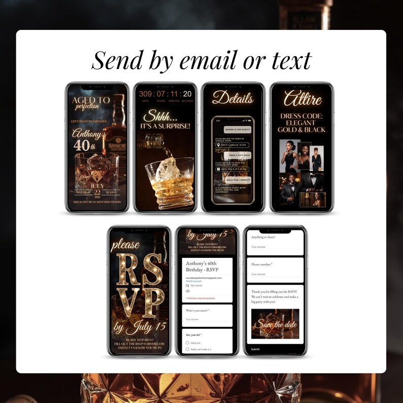 Editable 40th Birthday Digital Invitation for Men – Whiskey Theme Online Party Invite with RSVP, countdown, dress code details and instant download. Canva template designed for milestone birthdays like 40th, 50th or 60th celebrations. Share easily by email or text (SMS, WhatsApp) and impress guests with an elegant whiskey design. Aged to Perfection digital birthday invitation, customizable in minutes for surprise parties.