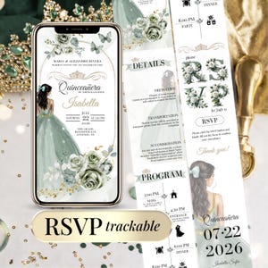 age Green Quinceañera Digital Invitation with RSVP Tracking – Editable Canva Template – Elegant Floral Design for Modern Quinceañera Celebration – Mobile-Friendly Event Program and RSVP