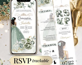 Sage Green Quinceanera Digital Invitation, Editable Template for 15th Birthday, Instant Download Floral Design Sweet 15 Invite RSVP Online