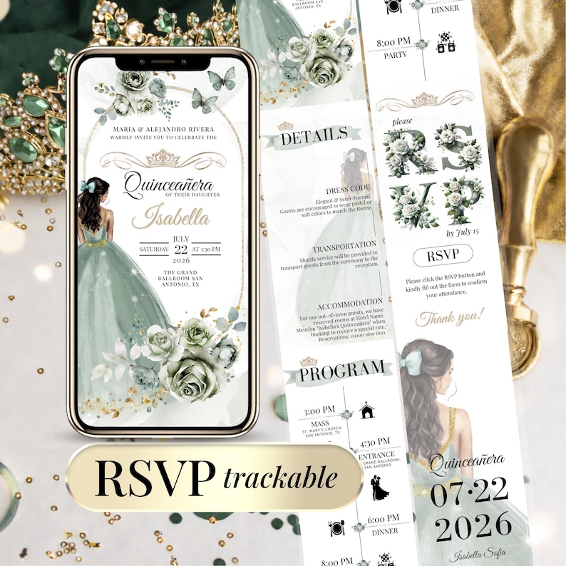 age Green Quinceañera Digital Invitation with RSVP Tracking – Editable Canva Template – Elegant Floral Design for Modern Quinceañera Celebration – Mobile-Friendly Event Program and RSVP