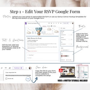 How to edit your RSVP Google Form – Customize text, questions, fonts, and background to match your baby boy shower theme – Add your own photo or use included Canva mockups – Copy the form link and paste into your digital invitation – Includes video and written tutorials – Easy RSVP setup for editable baby shower templates.
