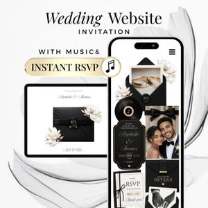 Peut inclure: Un modèle de site web d'invitation de mariage affiché sur une tablette et un smartphone. Le design présente une enveloppe noire avec un sceau de cire, des accents floraux blancs et du texte doré. Il inclut des sections pour la musique et RSVP.