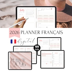 Peut inclure: Planificateur numérique 2026 avec un design rose et blanc. L'image présente plusieurs pages de planificateur numérique avec des mises en page de calendrier, des listes de tâches et des sections de définition d'objectifs. Le texte "2026 PLANNER FRANÇAIS" est affiché, ainsi que le mot "digital".