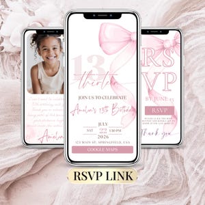 Pink Bow Birthday Invitation Website with RSVP Link | 13th Birthday Girl Coquette Digital Invite | Editable Canva Teen Party Invite Template