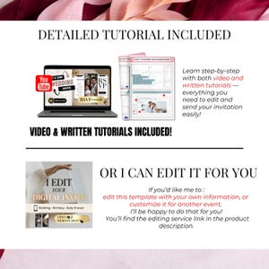 Detailed tutorial included slide featuring video and written instructions for editing burgundy wedding website template