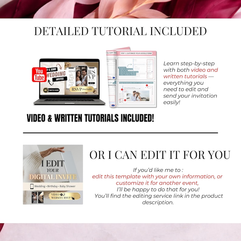 Detailed tutorial included slide featuring video and written instructions for editing burgundy wedding website template