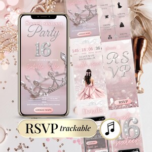 Invitación Digital Sweet 16 Quinceañera – Invitación Sweet 15 Online con Enlace RSVP Seguimiento – Plantilla Canva Editable, Countdown, Maps