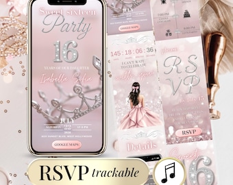 Elegant Sweet 16/Quinceañera Invitation – Trackable RSVP, Editable Canva Template
